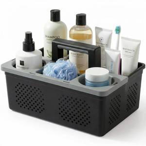 lot 1430 image: KMV Dorm Room Portable Shower Caddy with Adjustable Compartments - Ventilated Drainage Design with Handles, Perfect Toiletries Organizer for College Dorms-black