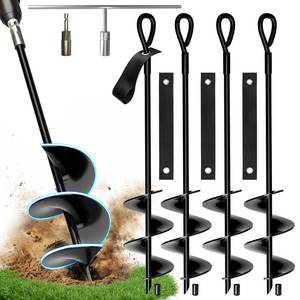 lot 1439 image: MIXC 18 Inch Heavy Duty Ground Anchors Screw in, 4 Pack Spiral Trampoline Stakes with Straps, Drill Adapter and Upgraded T-Wrench, 2.76 Wider Blades for Swing Set, Shed, Carport, Mobile Home