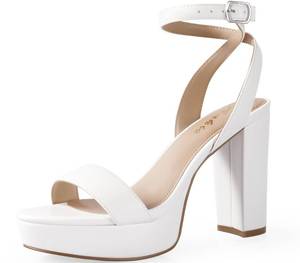 lot 1471 image: Ankis Platform Heels for Women 4 Inches Chunky Heels Sandals for Women Comfy Open Toe Block Heeled Sandals Nude White Silver Gold Black Ankle Strappy Heels