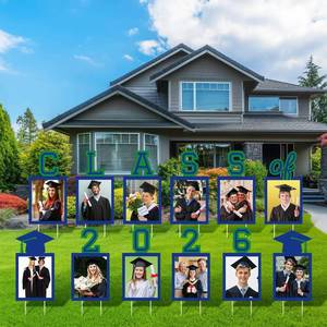 lot 1478 image: 12Pcs Graduation Photo Yard Sign Decorations 2026, K-12 Grade Graduation School Picture Frame Lawn Sign with Stakes for Kindergarten Middle High School Class of 2026 Grad Party Decorations, Blue Green