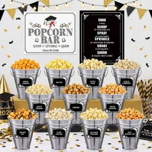 lot 1489 image: 32 Pcs Graduation Party Popcorn Bar Supplies Class of 2026 Candy Buffet Decoration 12 Metal Snack Buckets with 2 Paper Popcorn Bar Signs 18 Food Label for 2026 Grad Party(Graduation)