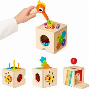 lot 1495 image: Paisure 5-in-1 Wooden Activity Cube, Magnetic Bird Feeding Toy