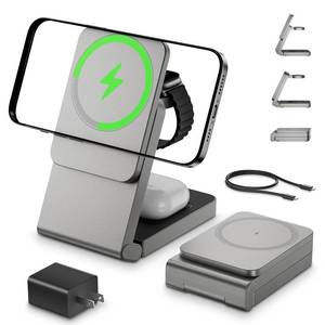 lot 2377 image: 3 in 1 Wireless Charger Station for Multiple Devices, Foldable Magnetic Charging Stand, Portable Fast Travel Wireless Charger for iPhone171615141312 Pro Max AirPods234 and IWatch Ultra Series