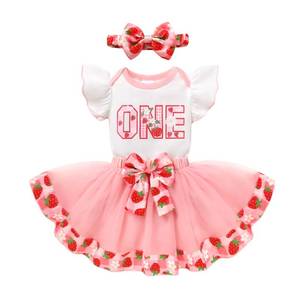 lot 2463 image: YOUNGER TREE Baby Girls 1st Birthday Outfit ONE Romper Tulle Tutu Skirt with Headband Sets Baby First Princess Dress��Strawberry One,12-18 Months��
