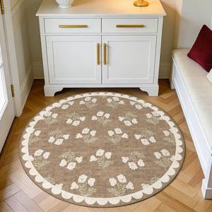 lot 2476 image: Othilic Tan 3ft Round Rug for Entryway - 3x3 Small Washable Floral Neutral Farmhouse Scalloped Round Rug for Bedroom Non Slip Front Door Mat Indoor Stain Resistant Circle Rugs for Bathroom Kitchen