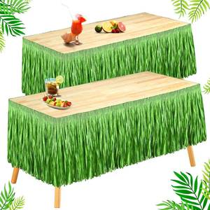 lot 2477 image: Hawaiian Luau Grass Table Skirt Fringe Tiki Bar Decorations Tropical Raffia Grass Table Skirt for Summer Beach Themed Party Hula Birthday Decorations,157 x 12 Inch(Green,2 Pcs)
