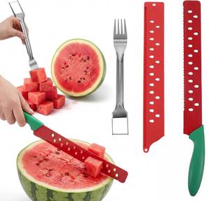 lot 2485 image: 2-in-1 Watermelon Slicer Cutter Knife, Stainless Steel Extra Long Fruit Slicer with Fork, Portable Watermelon Carving Tool for Home Kitchen, Summer BBQ, and Baking