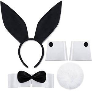 lot 2498 image: DysanVica Bunny Halloween Costume Accessories - 5 PCS Bunny Ears Headband Tail Bow Tie Collar Cuffs Set for Women Rabbit Cosplay Party, Black and White