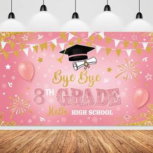 lot 4034 image: Jingmore 8th Grade Graduation Backdrop 8th Grade Graduation Decor Hello High School Backdrop Eighth Grades Party Supplies Sign Congrats Grad Banner for Class of 2026, 70.8 x 43.3 Inch(Pink)