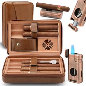 lot 4039 image: TISFA Cigar Humidor, Leather Cedar Wood Cigar Case with Cigar Lighter, V Cut Cigar Cutter, Cigar Holder 3 in 1, Portable Travel Cigar Humidor Box with Humidifier (Brown)