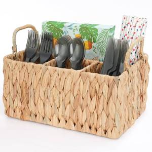 lot 5622 image: Niuirt Wicker Party Silverware Caddy, Water Hyacinth Plastic Cutlery Utensil Holder, Hand Woven with Handles, Kitchen Countertop and Picnic flatware Organizer (4 compartments)