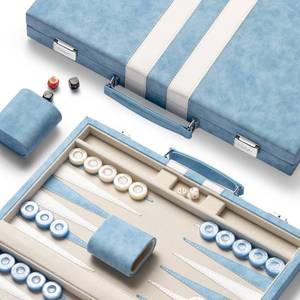lot 5640 image: Lingle 15inch Backgammon Sets for Adults, Classic Backgammon Board with Unique Checkers Dice, Faux Leather Exterior and Velvet Interior, Portable Backgammon Travel Set (Light Blue)
