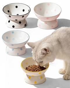 lot 5648 image: Ceramic Elevated Cats Bowls, 4Pc Extra Wide Raised Cats Bowls, Shallow Whisker Friendly Food & Water Dish, Anti Vomit, Microwave & Dishwasher Safe, 5 oz (Dot 5.3 x 3.5)