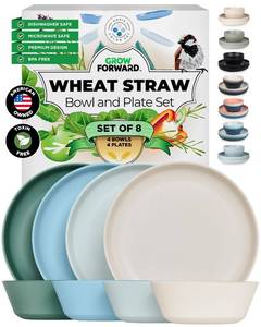 lot 5675 image: Grow Forward Premium Wheat Straw Plates and Bowls Sets - 8-Piece Wheat Straw Dinnerware Sets - Unbreakable & Reusable Microwave Safe Plastic Dinner Plates for Outdoors, RV, Camping Dishes - Oasis