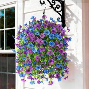 lot 5677 image: Artificial Flowers Hanging Baskets, 4 Bundles Outdoor Hanging Basket Spring Summer Decoration, No Fade Realistic Fake Flowers Plants for Porch Patio Balcony Home Yard Decor(Purple Blue)