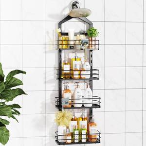 lot 5683 image: ODesign 4 Tier Adjustable Shower Organizer Hanging Over Showerhead Black