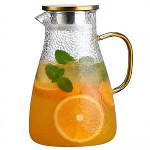 lot 5688 image: Glass Pitcher with Lid, 68 oz2L Large Capacity, Textured Design with Gold Handle, Dishwasher Safe, for Water, Juice, Coffee, Milk, Tea