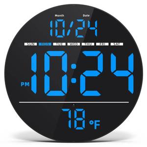 lot 6140 image: Digital Wall Clock with Large LED Display, Date, Temperature, Auto-Brightness  Small PLUG-IN Clock  Modern Electric Wall Clock for Bedroom, Classroom, Living Room, Home, Office, Farmhouse - Blue