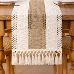 lot 6143 image: DeZerlor Ivory& Burlap Boho Macrame Farmhouse Woven Table Runner 108Inch