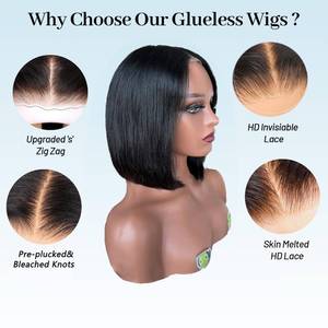 lot 6151 image: EQ DUOUPA Wear and Go Glueless Bob Wigs Human Hair Pre Plucked Pre Cut Short Bob Straight Lace Front Wigs 5x5 Hd Lace Closure Wigs Human Hair for Beginners Natural Black 8inch (bob human hair, 8inch)