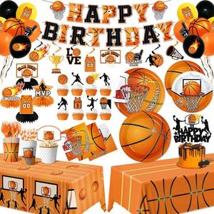 lot 6170 image: Basketball Party Decorations,206pcs Basketball Birthday Decorations Include Plates And Napkins Cups,Tablecloth,Banner,Hanging Swirls,Cake Topper,Balloon for Basketball Party Supplies,Serve 24