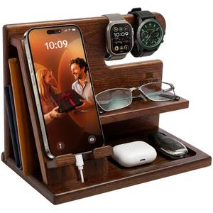 lot 6180 image: TESLYAR Wood Phone Docking Station for Men - Desktop or Nightstand Organizer - Birthday Gifts for Men, Dad - Anniversary Idea from Wife - Key Holder, Stand Wallet, Watch & Essentials (Bourbon Brown)