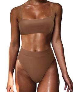 lot 6181 image: MOSHENGQI Women High Waisted High Cut Bikini Push Up Bandeau Swimsuits (M, Brown)