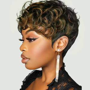 lot 6194 image: MUJGOO Short Curly Pixie Cut Wigs for Black Women Black Ombre Brown 6inch Short Pixie Wigs for Black Women With Bangs (Black and brown)