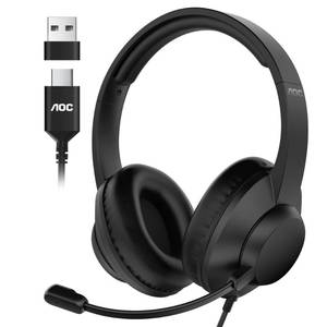 lot 6227 image: AOC USB Headset with Microphone for PC, Over-Ear Wired Headphones with Mic, Noise-Cancelling Boom, 40mm Audio Drivers, USB-AC Compatibility for Office, Call Centers & Online Meetings (Black)