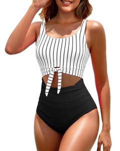 lot 6229 image: Century Star Womens One Piece Swimsuit - Slimming Tummy Control Swimming Suits Cutout Tie Knot Swimwear 2026 Black Striped L