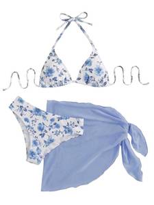 lot 6235 image: SHENHE Womens 3 Piece Polka Dots Floral Bikini Set with Wrap Coverup Halter Triangle Swimsuits Blue W X-Small