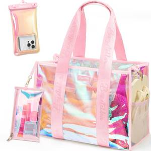 lot 6244 image: Bagstellar Iridescent Beach Bag, Jelly Tote Bag with Phone Pouch Makeup Bag
