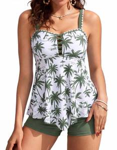 lot 6255 image: Tankini Bathing Suit for Women, Tummy Control Swimsuit, Flowy Floral Swim Tankini Top with Boyshort(Green Palm Tree, L)