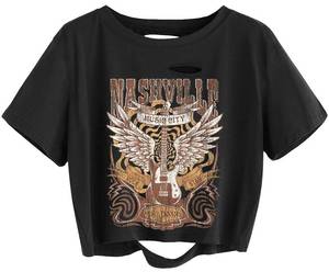 lot 6256 image: Womens Nashville Music City Distressed Shirt Rock Band Vintage Guitar Wings Graphic Crop Tee Country Music Concert Short Sleeve Tops(XL,01Black-2)