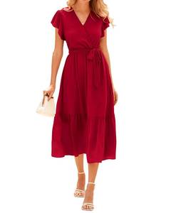 lot 6258 image: BTFBM Women Summer Casual Wrap V Neck Ruffle Cap Sleeve Belted Midi Dress size S
