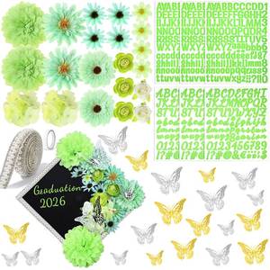 lot 6268 image: Wavwavw 53 Pcs DIY Graduation Cap Decorations Kit, 2026 Grad Cap Topper Include Faux Flowers 3D Butterfly Self Adhesive Pearl Stickers Glitter Alphabet Letter Decals for Party Decor(Light Green)