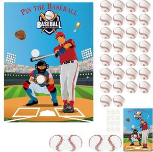 lot 6279 image: PLULON Pin The Baseball Party Game for Kids Pin The Baseball on The Glove and Bat Large Poster with Stickers for Boys Girls Birthday Party Wall Decorations Classroom Activities