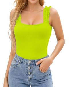 lot 6311 image: HERLOLLYCHIPS Sexy Tank Tops for Women Square Neck Ruffle Strap Ribbed Knit Tight Summer Sleeveless Shirts (M, LimeBrightNeon Green)