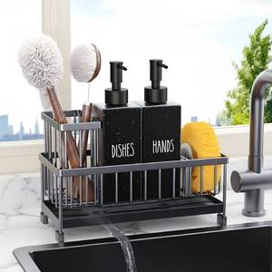 lot 7302 image: Cisily Kitchen Soap Dispenser Set with Sink Caddy, Glass Bottle, Hand and Dish Soap Dispenser Set with Sponge Holder (Black Square Bottle  Black Sponge Holder)