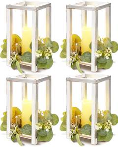 lot 7304 image: Huquary 8 Pcs Wooden Wedding Lantern Centerpiece for Table Decoration Includes 4 Farmhouse Candle Holder and 4 Flameless Decorative LED Candles for Rustic Home Wedding Decor(White)