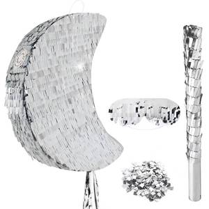 lot 7309 image: 15Inch Moon Pinata Foil Silver Pull String Pinata with Stick & Blindfold for kids Birthday, Baby Shower Gender Reveal Party Decorations
