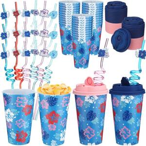 lot 7312 image: Yungyan 36 Sets Hawaii Hibiscus Cartoon Party Favors Goodie Cups with Lids and Straws for Birthday Decorations Reusable 16oz Plastic Candy Cups Aloha Luau Tropical Plastic Straws for Birthday Party