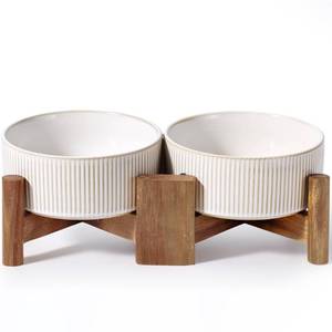 lot 7319 image: Getstar Ceramic Dog Bowls Set with Acacia Wood Stand, 3.5 Cups Pet Bowls Set of 2 for Medium Dogs, Cute Dog Raised Food Bowl, Cat Bowls