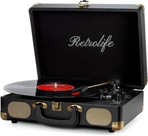 lot 7321 image: Retrolife Vinyl Record Player 3-Speed Bluetooth Suitcase Portable Belt-Driven Record Player with Built-in Speakers RCA Line Out AUX in Headphone Jack Vintage Turntable,Turquoise