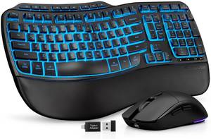 lot 7326 image: SABLUTE Ergonomic Wireless Keyboard and Mouse Combo, Rechargeable 4000mAh Backlit Keyboard with Soft Faux Lambskin Palm Rest, Wave Keys for Natural Typing, Compatible with WindowsMacChrome OS