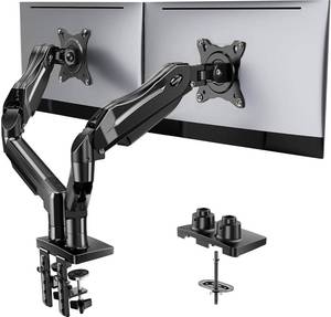 lot 7338 image: HUANUO FlowLift Dual Monitor Stand, Fully Adjustable Gaming Monitor Desk Mount for 13��32�� Computer Screens, Full Motion VESA 75x75100x100 with C-Clamp & Grommet Base, Each Arm Holds 4.4 to 19.8 lbs
