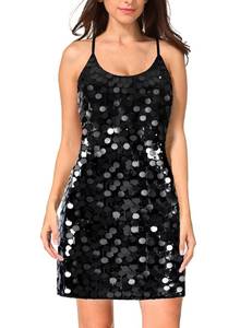 lot 7342 image: MANER Womens Glitter Contrast Sequin Dress Adjustable Spaghetti Strap Sparkle Party Coin Dresses (Big Black, X-Small)