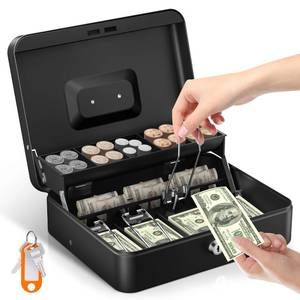 lot 7348 image: Uniclife Cash Box with Money Tray and Lock, Large Money Box for Cash Register, Safe Metal Lock Box with Key, Portable Money Saving Box, Black Metal Cash Drawer, 11.9 x 9 x 3.7