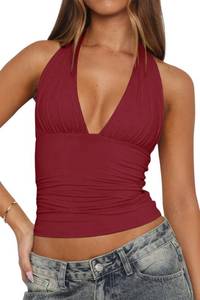 lot 8394 image: LCNBA Womens Sexy Backless Tie Up Halter Crop Top Deep V Neck Going Out Tops WineRed Large