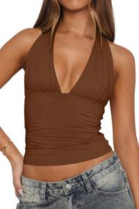 lot 8405 image: LCNBA Womens Sexy Backless Tie Up Halter Crop Top Deep V Neck Going Out Tops Brown Large